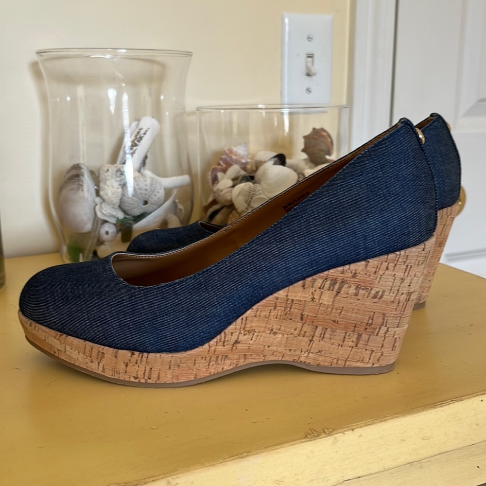 G.H. Bass & Co. Denim Blue Cork Wedge Pumps
